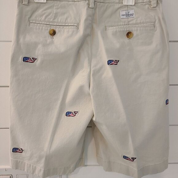 Vineyard Vines Khaki Flat Front Shorts with Whale Embroidery - Picture 3 of 7